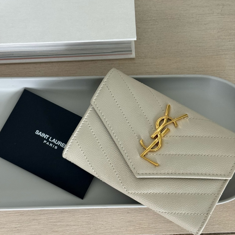 Saint Laurent Beige Quilted Wallet with Gold Logo